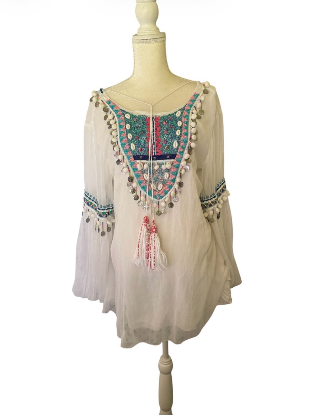 Kyra Embroidered White Boho Tunic with Tassel and Coin Trim